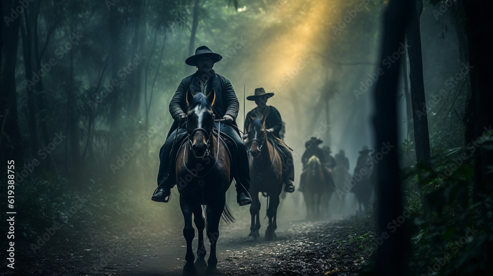 Fototapeta premium Create a realistic image of horse riders In the forests of Thailand - Generative Ai