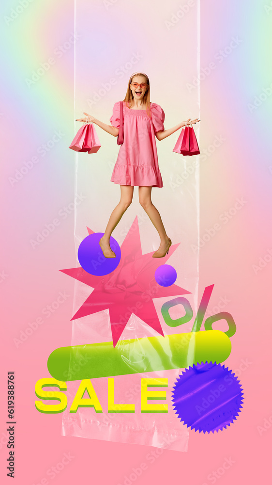 Pretty young girl in stylish pink dress holding many shopping bags. Big sales, buying clothes at low price. Contemporary art collage. Concept of shopping, sales, Black Friday, creativity. Banner, ad Pretty young girl in stylish pink dress holding many shopping bags. Big sales, buying clothes at low price. Contemporary art collage. Concept of shopping, sales, Black Friday, creativity. Banner, ad