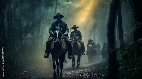 Create a realistic image of horse riders In the forests of Thailand - Generative Ai