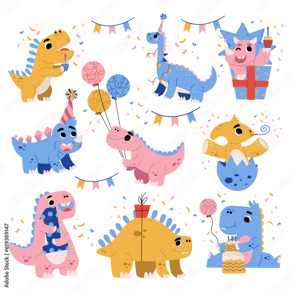 Dino Party with Happy Dinosaurs with Balloon and Gift Box Vector Set