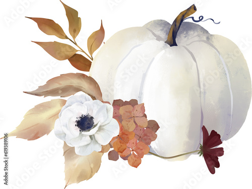 Watercolor floral pumpkin illustration, fall bouquets . Pastel pumpkins and flower arrangements in rustic style.