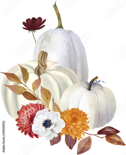 Fototapeta Naklejka Na Ścianę i Meble -  Watercolor floral pumpkin illustration, fall bouquets . Pastel pumpkins and flower arrangements in rustic style.