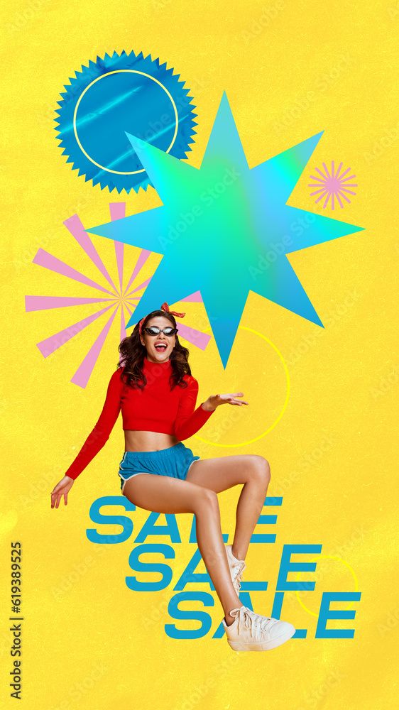 Young girl with happy expression over yellow background with sales words. Summertime shopping. Contemporary artwork. Colorful design. Concept of shopping, sales, Black Friday, creativity. Banner, ad