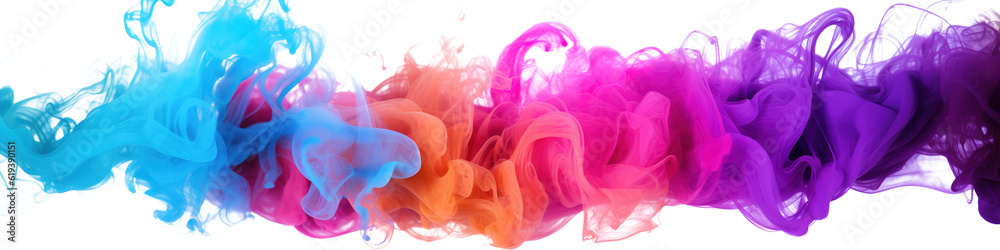 panorama wide shot of multi colored smoke bomb explosion clouds on transparent background