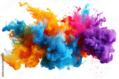 panorama wide shot of multi colored smoke bomb explosion clouds on transparent background