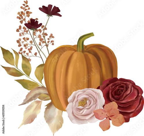 Fototapeta Naklejka Na Ścianę i Meble -  Watercolor floral pumpkin illustration, fall bouquets . Pastel pumpkins and flower arrangements in rustic style.