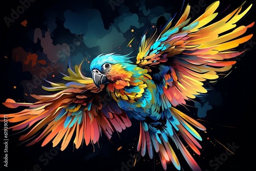 A colorful bird flying through the air with its wings spread. Generative AI