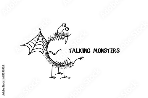 Vector card with hand drawn cute funny monster, chatting vigorously. Graphic style, ink drawing. Beautiful decoration design elements