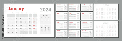 Set of 2024-2025 Calendar Planner Template with Place for Photo and Company Logo. Vector layout of a wall or desk simple calendar with week start Monday. Calendar grid in grey color for print