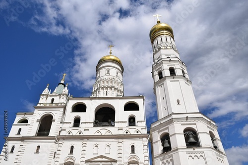 Low-angle shot of Dormition Cathedral of Moscow Kremlin, Assumption Cathedral against cloudy sky