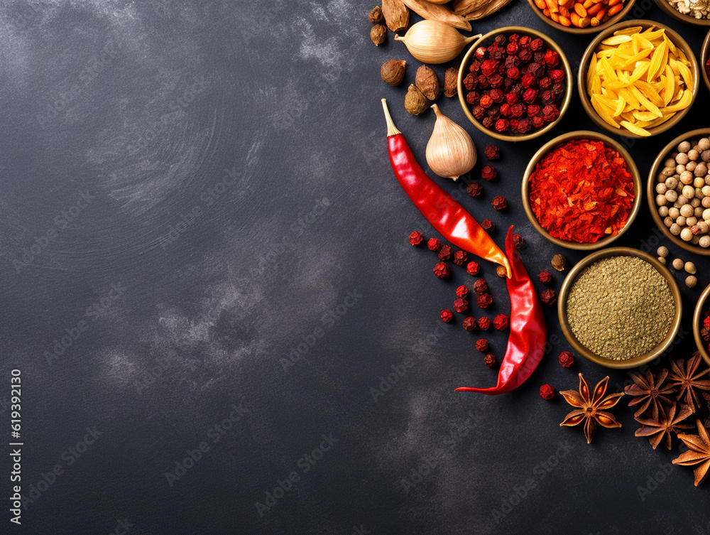Indian spices on grey background with space for copy text - ai generative