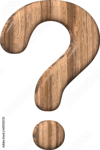 Wooden question mark on a white background. 3d rendered  with brown wood texture. 3d illustration. 