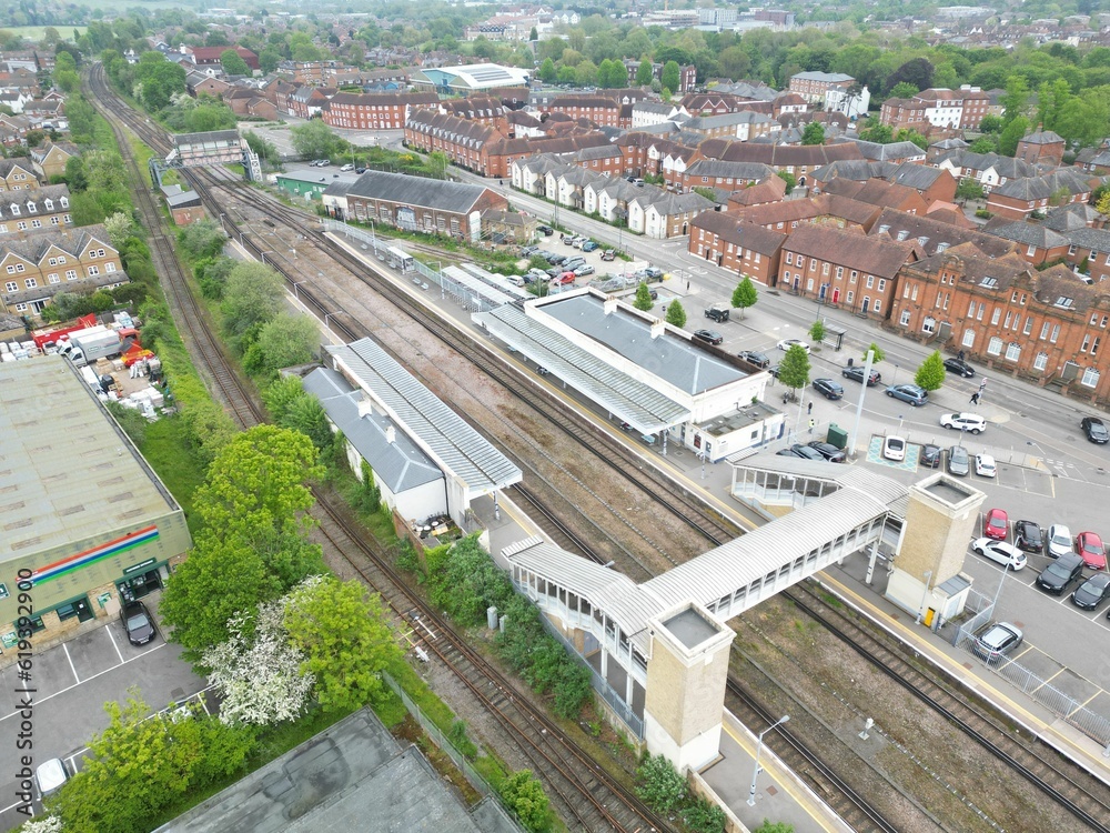 an aerial shot of train tracks in The City of Canterbury in Kent