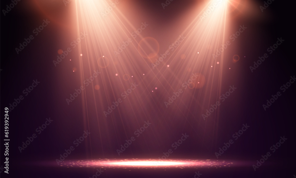 Spotlights. Scene for presentation illuminated by spotlights. Vector illustration. - obrazy, fototapety, plakaty 