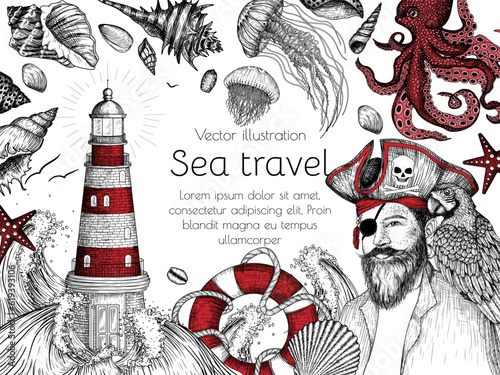 Vector nautical frame in engraving style. Lighthouse surrounded by waves, lifebuoy, shells, octopus, pirate with a parrot