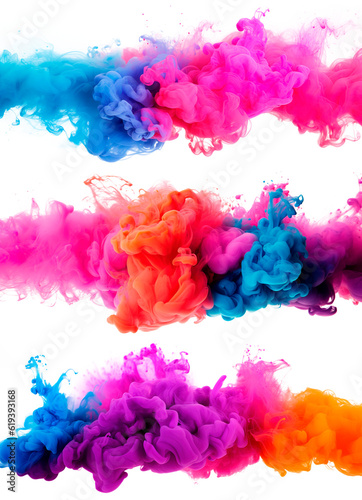 a set of multi colored smoke bomb explosion clouds on transparent background