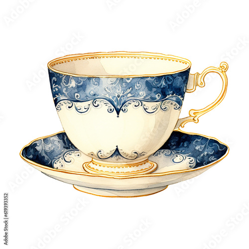 Watercolor illustration. Blue cup of tea or coffee isolated on white background. An ancient cup with a blue pattern and a gold border