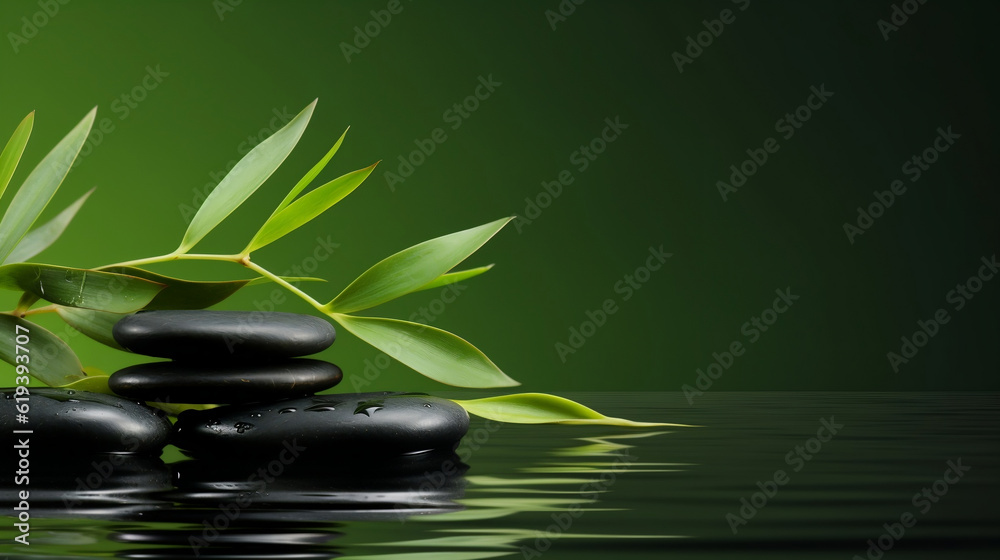 Naklejka premium Colorful background with bamboo leaves and stones, spiritual development new quality universal colorful technology stock image illustration design, generative ai
