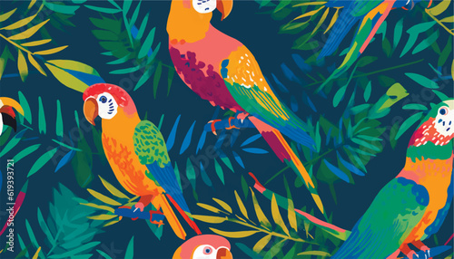 Exotic abstract tropical pattern with parrots. Colorful botanical abstract contemporary seamless pattern. Hand drawn unique print.