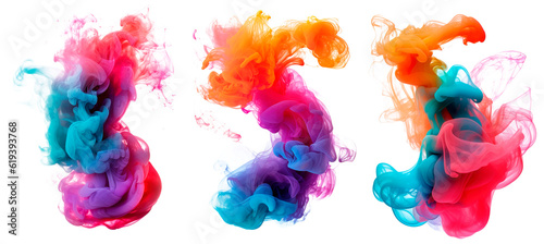 a set of multi colored smoke bomb explosion clouds on transparent background