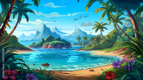 Tropical beach illustration with clear waters and lush palm trees.