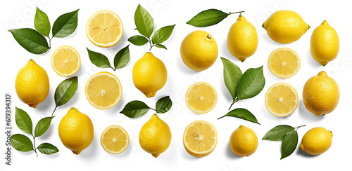 Fresh organic yellow lemon fruit with slices and green leaves isolated over a transparent background, Top view © gmBot