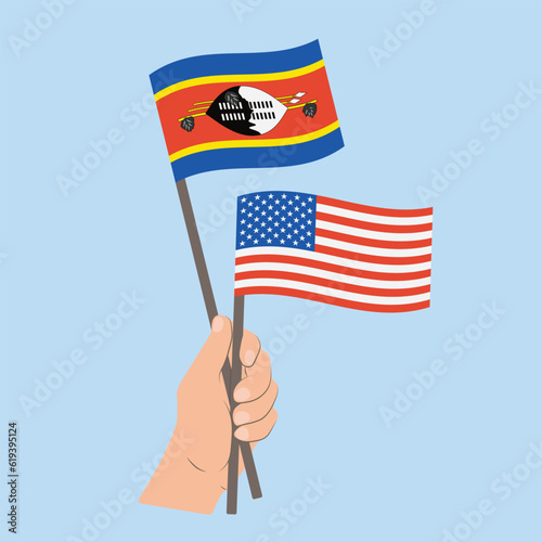 Flags of Eswatini and USA, Hand Holding flags