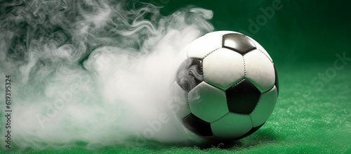soccer ball with dust and smoke on green grass background   Generative AI