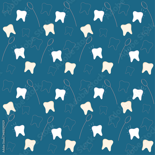 seamless pattern with dental mirror and white teeth on dark blue background