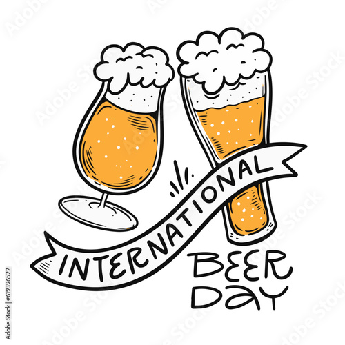 Two different glasses of beer. International beer day lettering phrase