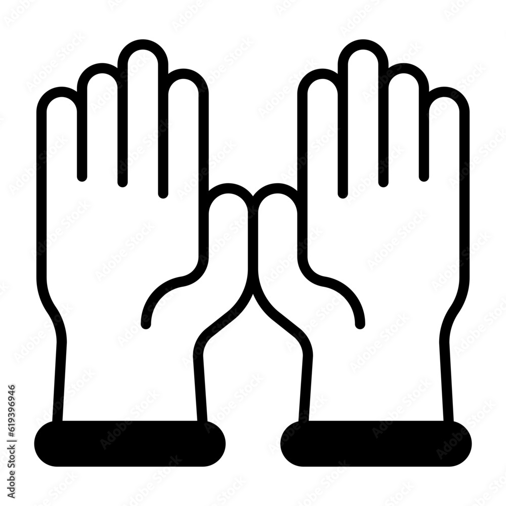 Pair of domestic cleaning gloves concept, rubber gloves or Mitts vector icon design, Housekeeping symbol, Office caretaker sign, porter or cleanser equipment stock illustration Pair of domestic cleaning gloves concept, rubber gloves or Mitts vector icon design, Housekeeping symbol, Office caretaker sign, porter or cleanser equipment stock illustration