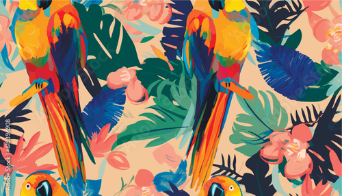 Modern artistic tropical pattern with parrots. Colorful botanical abstract contemporary seamless pattern. Hand drawn unique print.