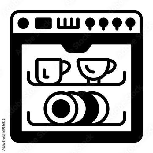 dishwasher containing clean dishes concept, dishwashing machine vector icon design, Housekeeping symbol, Office caretaker sign, porter or cleanser equipment stock illustration