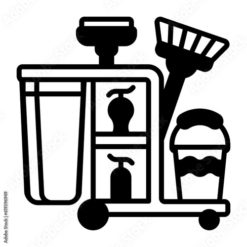 large metal basket on wheels carrying different types of Cleaning Liquids and tools concept vector icon design, Housekeeping symbol, Home cleaning sign, Professional cleaners equipment illustration