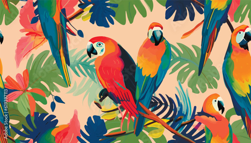 Modern artistic tropical pattern with parrots. Colorful botanical abstract contemporary seamless pattern. Hand drawn unique print.