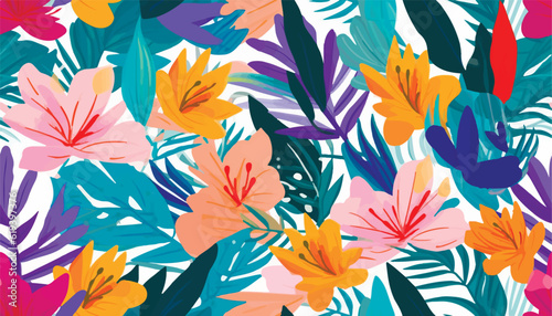 Modern colorful tropical floral pattern. Cute botanical abstract contemporary seamless pattern. Hand drawn unique print.