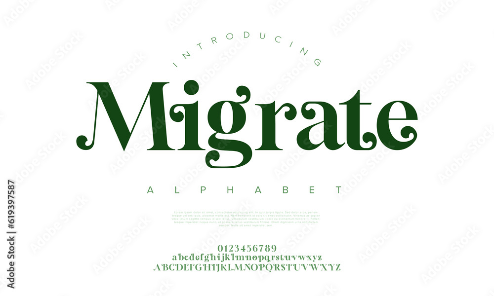 Migrate premium luxury elegant alphabet letters and numbers. Elegant wedding typography classic serif font decorative vintage retro. Creative vector illustration Migrate premium luxury elegant alphabet letters and numbers. Elegant wedding typography classic serif font decorative vintage retro. Creative vector illustration