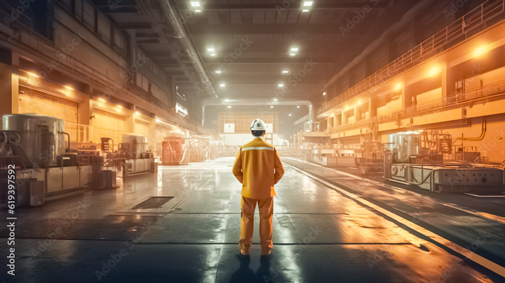 Engineer man wearing safety helmet standing inside, checking and looking to the power plant. Industry, Industrial Plant, Chemical Plant, Engineering. 
