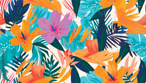 Modern colorful tropical floral pattern. Cute botanical abstract contemporary seamless pattern. Hand drawn unique print.