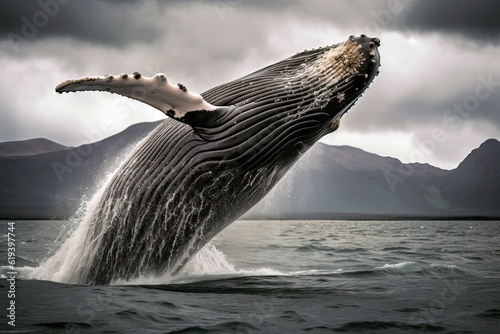 Jumping humpback whale over water. Amazing wildlife. Generative Ai © Shootdiem