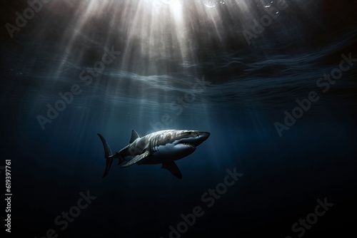 Great white shark underwater in blue ocean illuminated by sun rays. Amazing wildlife. Generative Ai © Shootdiem