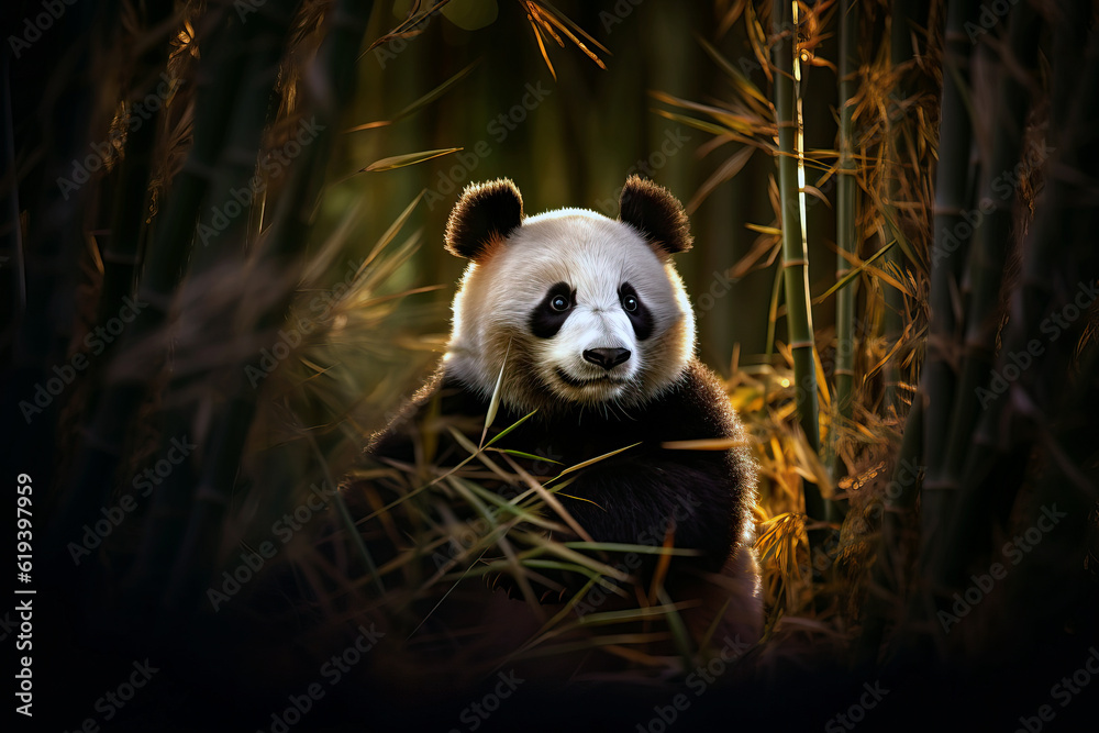 Cute and adorable Giant Panda in a bamboo forest at sunset. Amazing Wildlife. Generative Ai