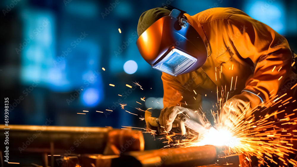 Welder is welding metal. Worker wearing industrial uniforms and Welded Iron Mask at Steel welding plants. Worker welding in a factory.