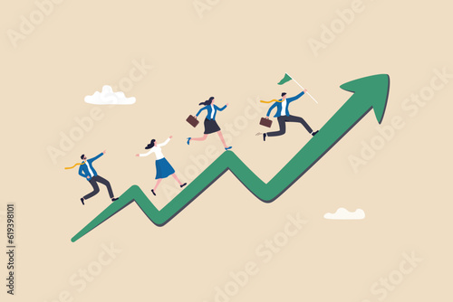 Business growth, growing to success, career development or progress on rising up arrow, team motivation or strategy to reach target concept, business people employee running on growth rising up arrow.