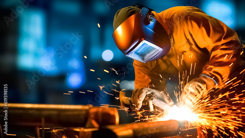 Welder is welding metal. Worker wearing industrial uniforms and Welded Iron Mask at Steel welding plants. Worker welding in a factory.