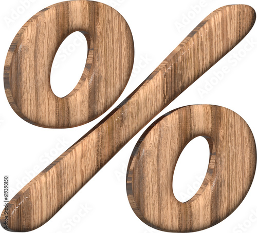Fototapeta Naklejka Na Ścianę i Meble -  Wooden percent sign on a white background. 3d rendered  with brown wood texture. 3d illustration. 