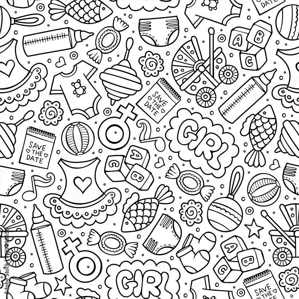 Cartoon cute doodles hand drawn Baby seamless pattern.