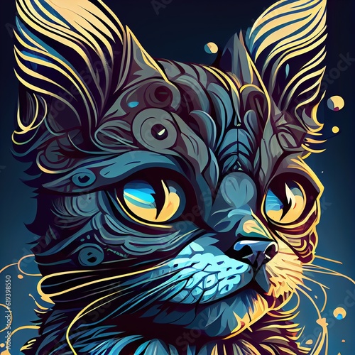 Cute adorable cat portrait. Portrait of a cartoon cat. Digital art style  illustration painting.