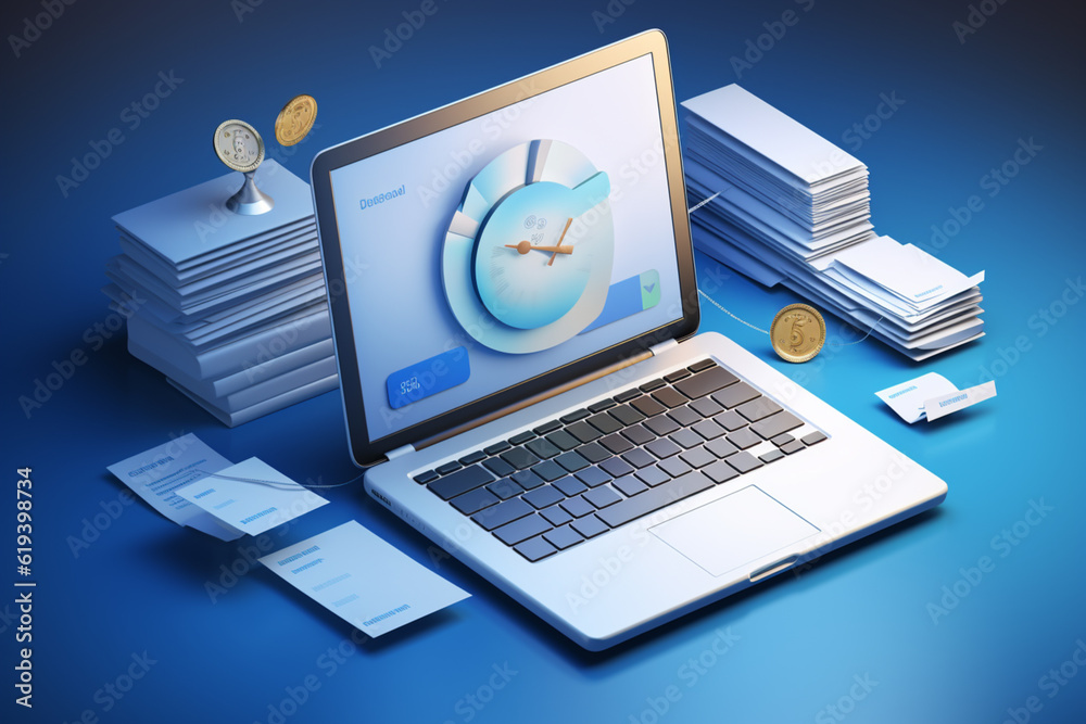3D business invoice transaction for payment on laptop with clock alert notification. Business using invoice bill, transaction with credit card concept. 3d receipt vector icon render illustration 3D business invoice transaction for payment on laptop with clock alert notification. Business using invoice bill, transaction with credit card concept. 3d receipt vector icon render illustration