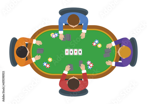 People playing poker game on the table. Top view. Vector illustration concept. Flat design style. For printing, web, banners, posters, infographics.
